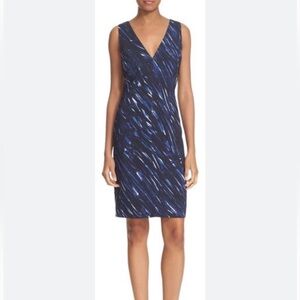 MILLY Blue Brushstroke Print V-Neck Sheath Work Career Office Midi Dress